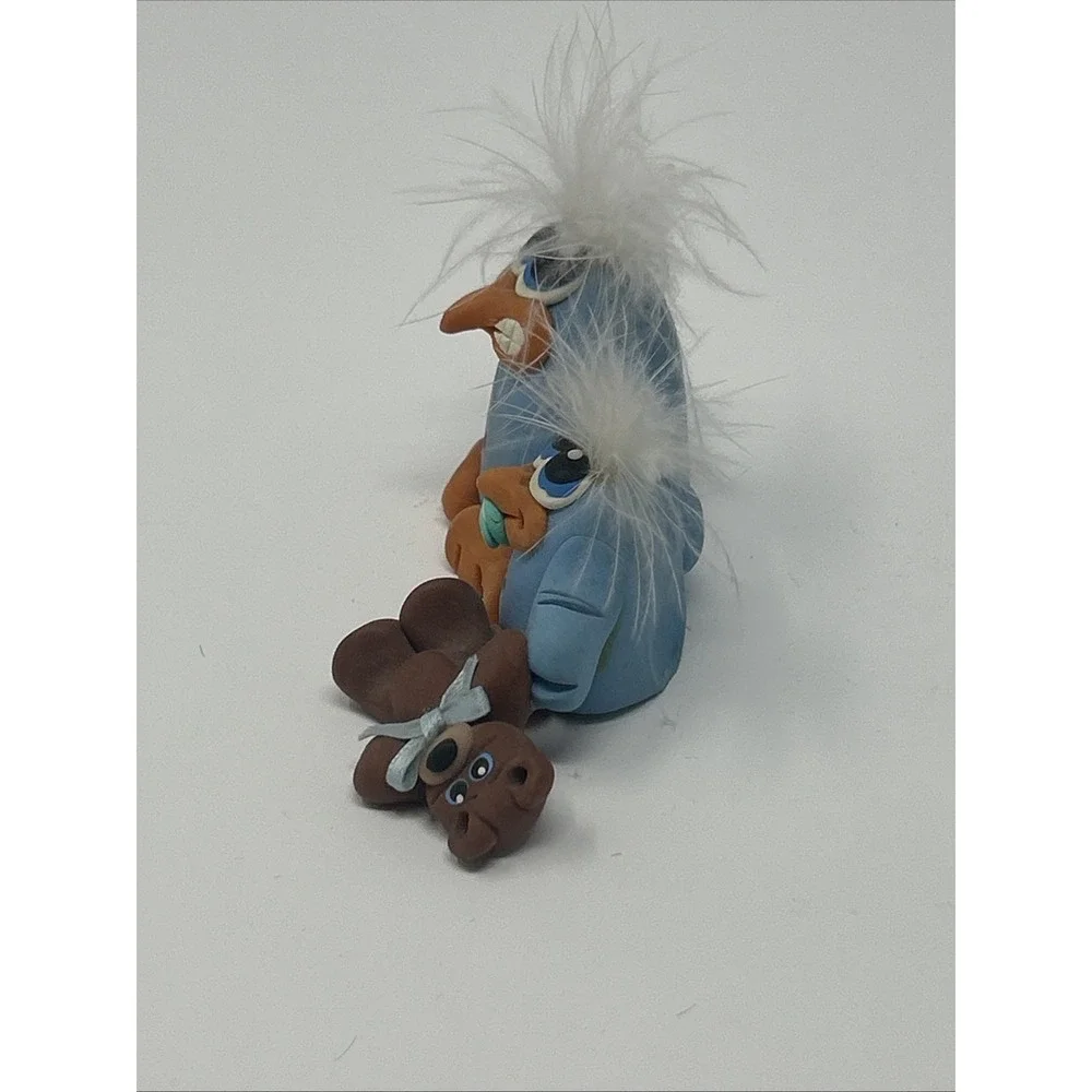 NEW Handmade Polymer Clay Figurine Two Blue Birds 1 Holding a Teddy w/ Pacifier